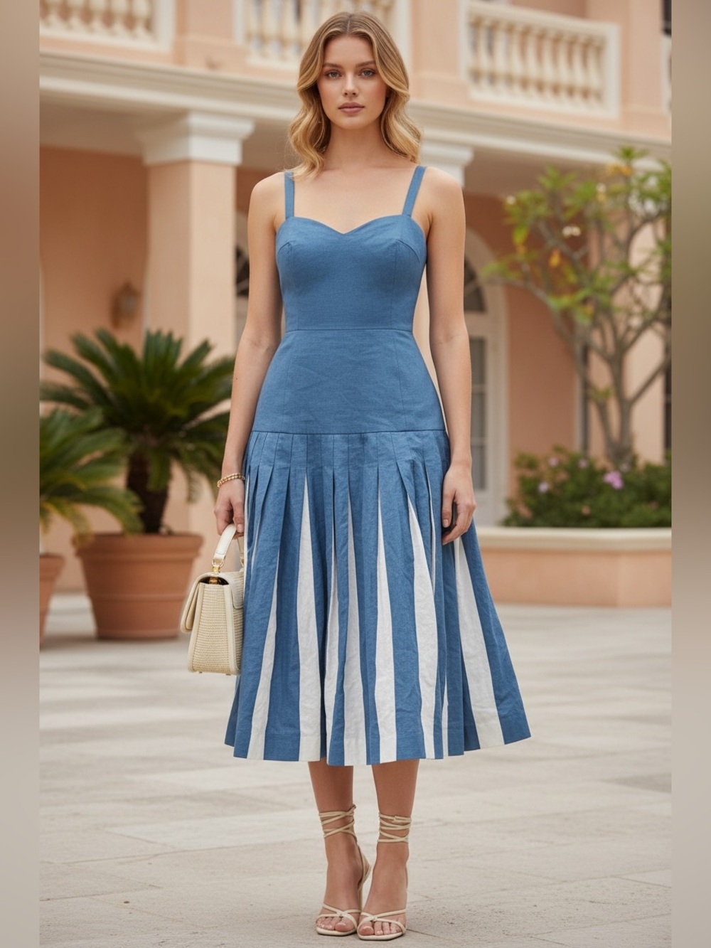 Boden Matilda Blue & White Pleated Linen Cotton Midi Dress Size M